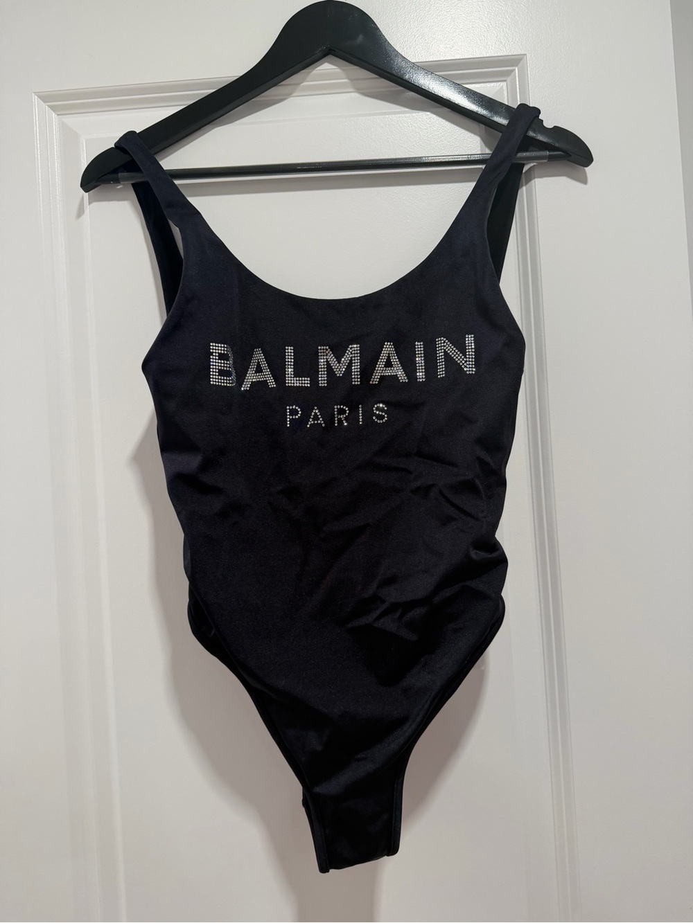 Balmain Black Crystal Logo One-Piece Swimsuit